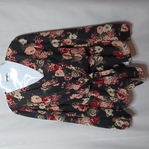 JUN & IVY Women's Black Floral Multi-color V-Neck Tie Front Top.  S.